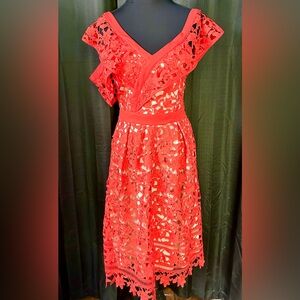 Adelyn Rae Orange, Tan Asymmetrical Sleeve 3D Embroidered Dress, Size XS